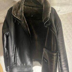Karl Lagerfeld Black Leather Jacket with Fur Collar